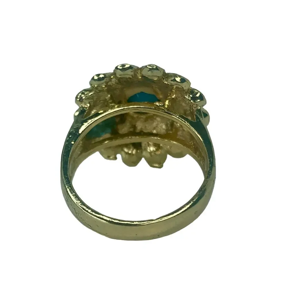 Gold and Blue Rhinestone Statement Ring - Size 8